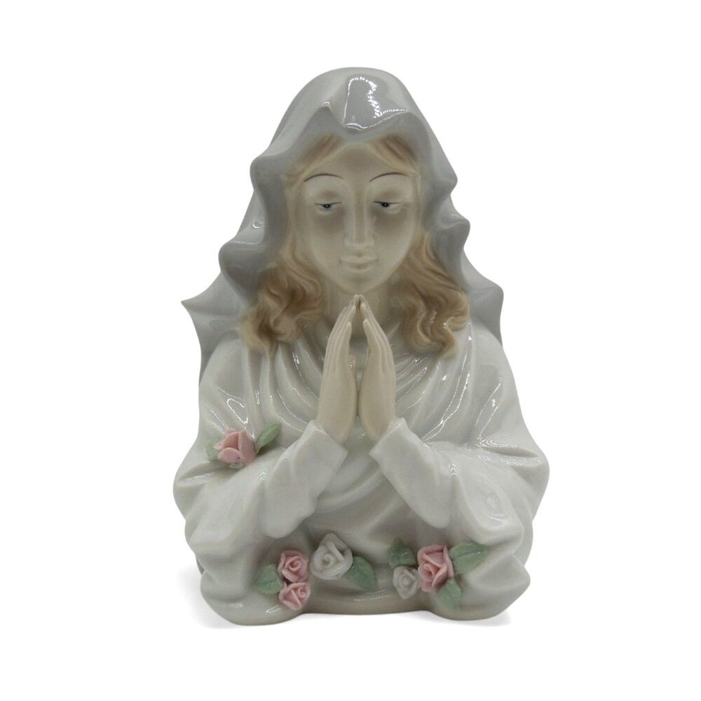 VIRGIN MARY Ceramic Figurine with Delicate Floral Details Vintage 6.2 x 4.7"